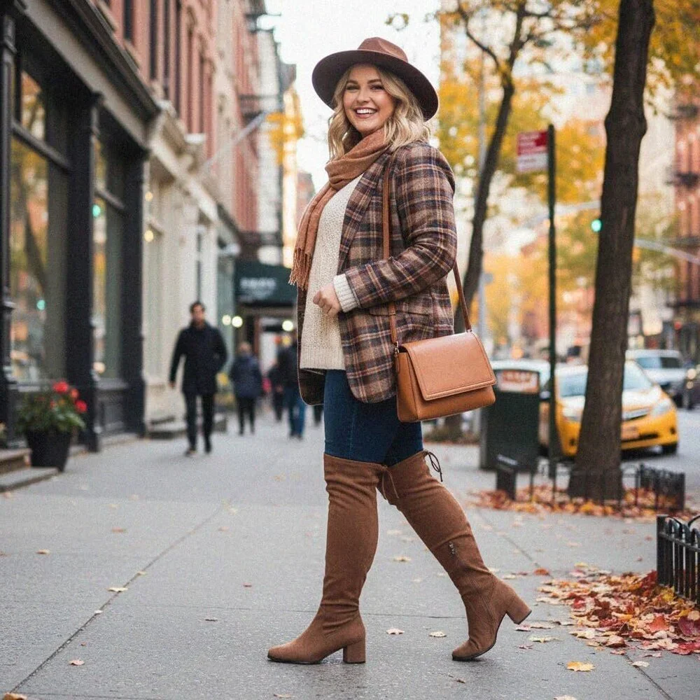 Women Coffee Faux Suede Chunky ​​Block Heel Round Toe Fall Side Zipper Boot